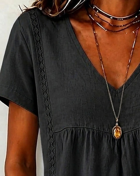 Blouse V-Hals Gerimpeld Korte Mouw