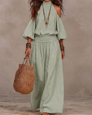 Set Off-Shoulder Lange Mouw Gerimpelde Broek
