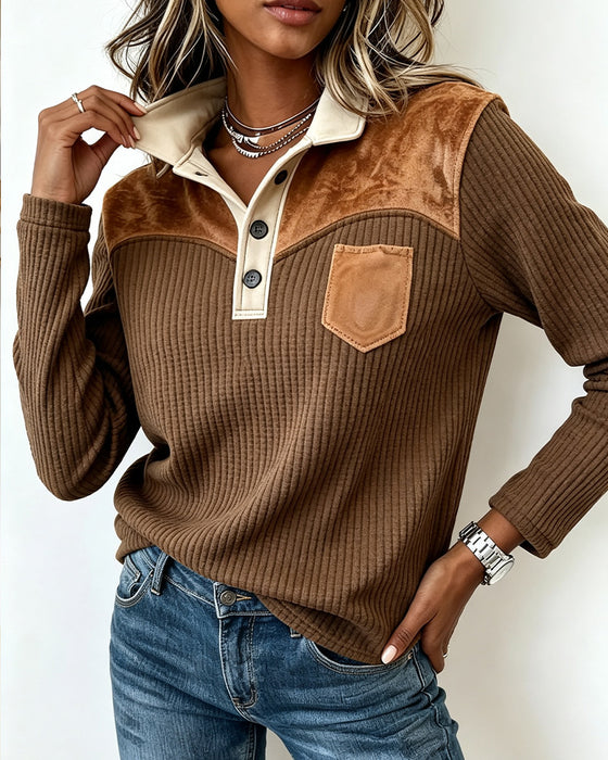 Sweatshirt Hemdkraag Wafel Patchwork