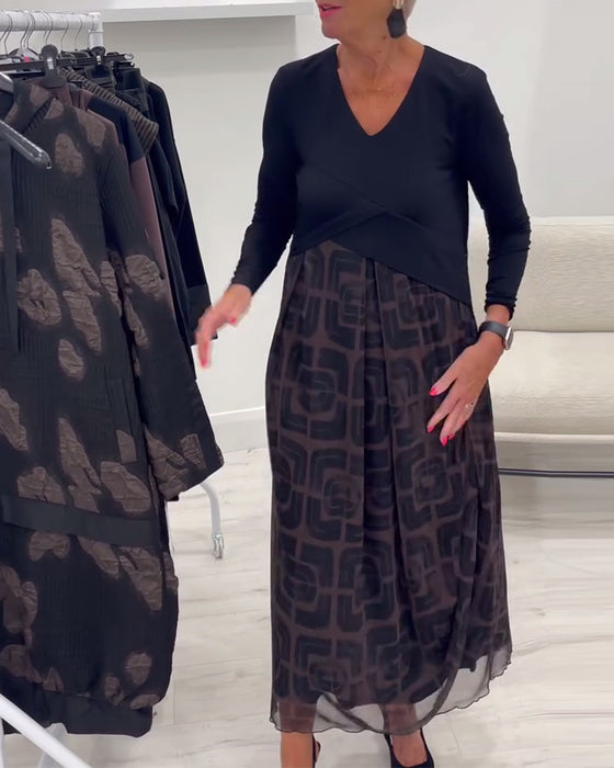 Jurk V-Hals Lange Mouwen Patchwork