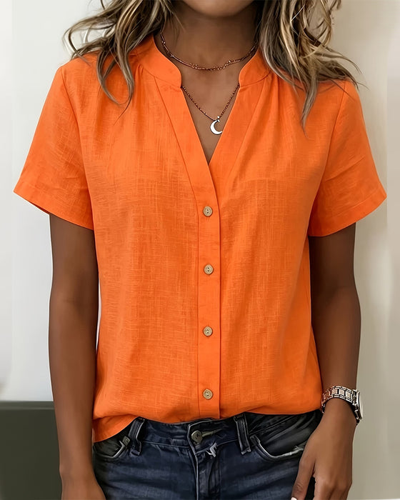 Blouse Staande Kraag Dichtknopen Korte Mouw