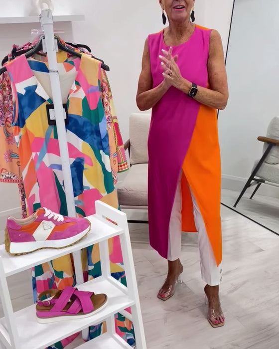 Blouse Mouwloos Contrastkleur Splits Lang