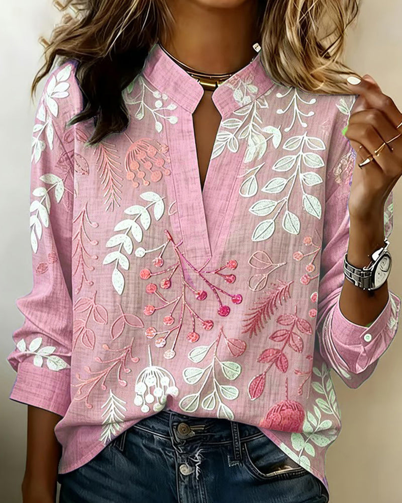 Blouse Met Bloemenprint En Opstaande Kraag