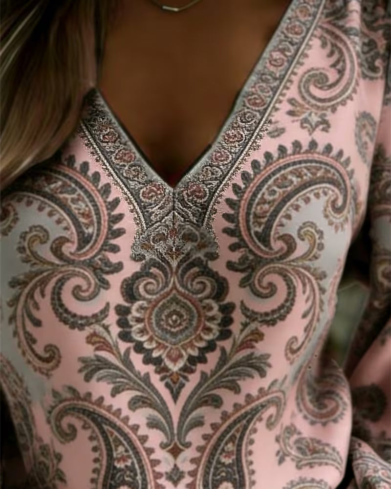 Blouse Paisley Patroon V-Hals Lantaarn Mouw