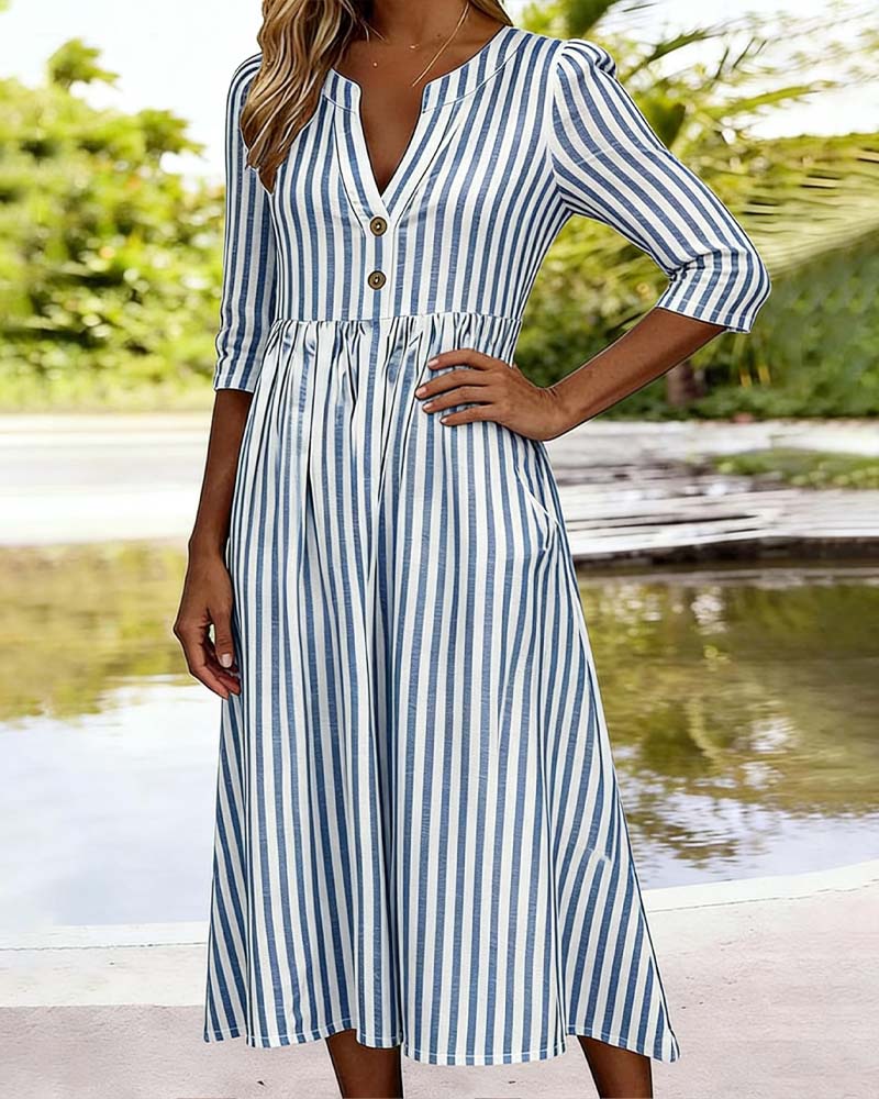 Jurk Blauw Wit Gestreept Driekwart Mouw