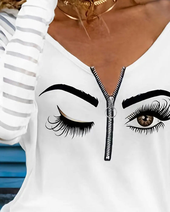 Top Bedrukt Gestreept Patchwork Half-Zip