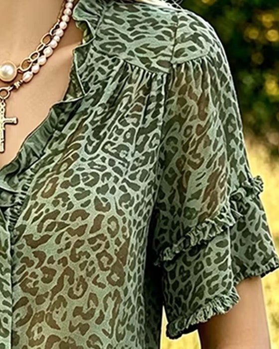 Blouse Groentint Luipaard Afdruk Ruffle