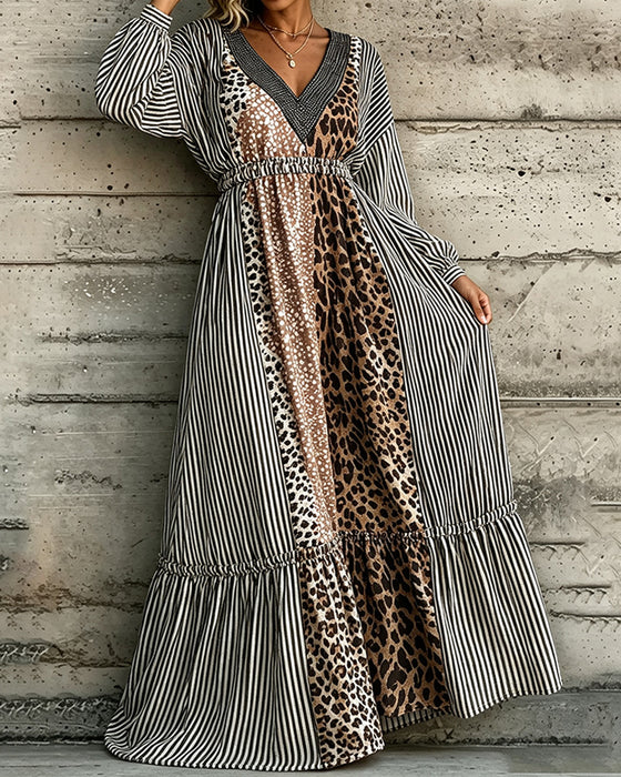 Jurk V-Hals Gestreept Luipaardprint Patchwork