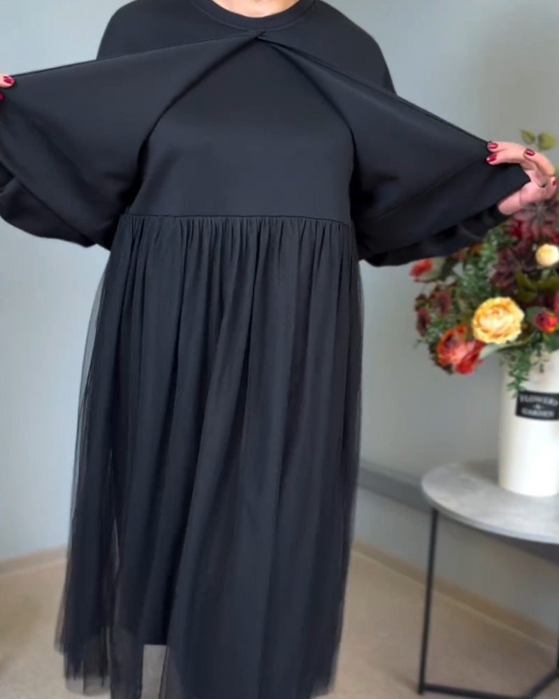 Effen kleur elegante jurk met onregelmatige mesh-stiksels