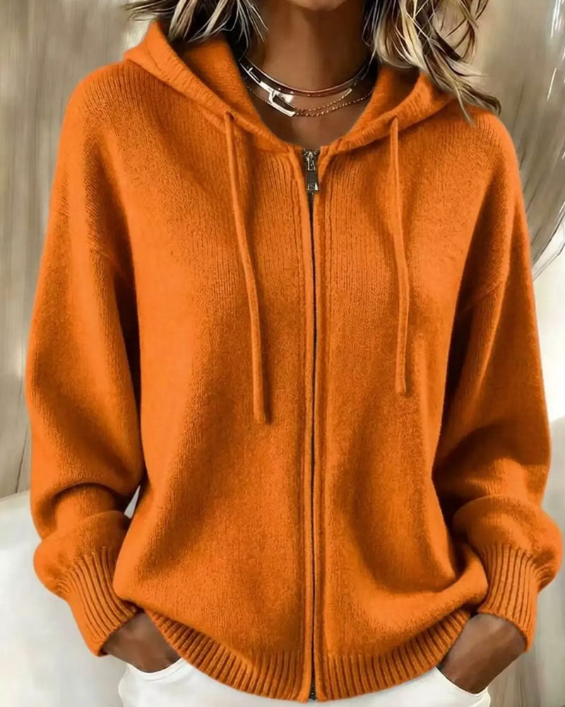 Cardigan Met Capuchon Drop Schouder Rits Gebreid