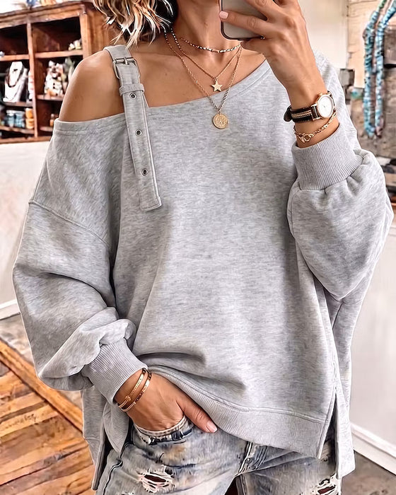 Sweatshirt Vrije Schouder Band Split Losse Pasvorm