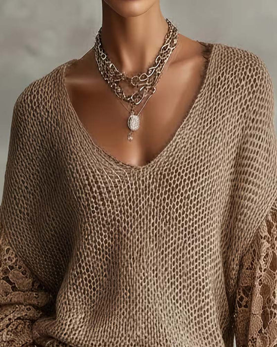 Pullover Kant Uitsnijding Patchwork Lantaarnmouw