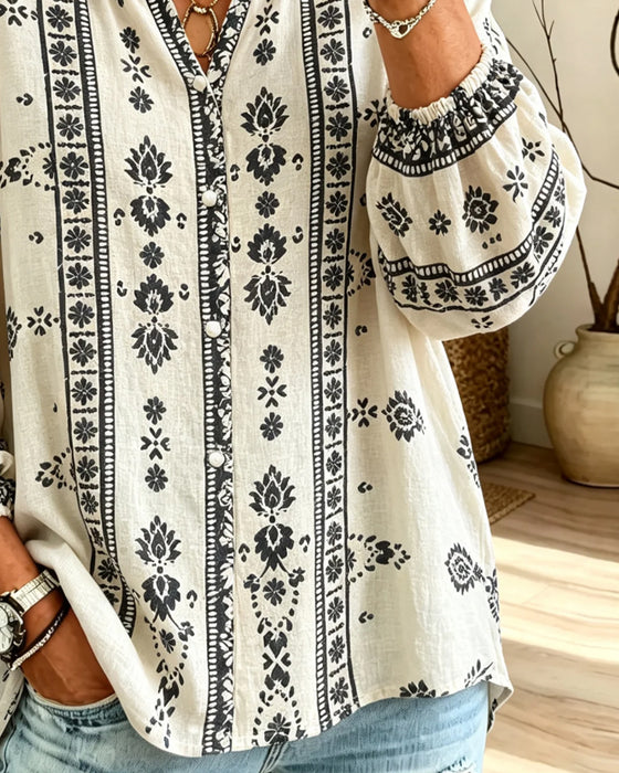 Blouse V-Hals Kant-Afzetting Puff-Mouw Print