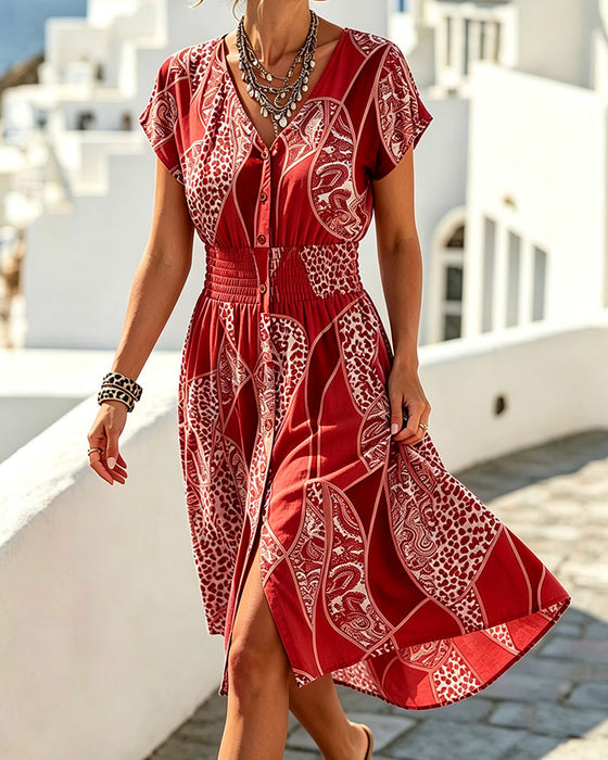 Jurk Luipaardprint V-Hals Knoop Taille