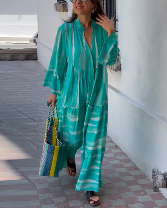 Casual losse lange jurk met V-hals en uitlopende mouwen