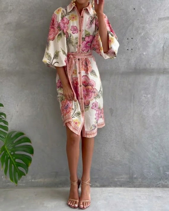 Jurk Frans Lantaarn Mouw Reverskraag Bedrukt