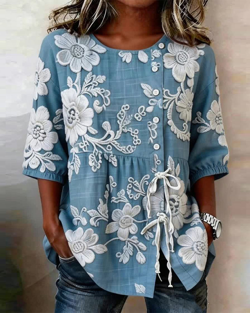 Blouse Met Bloemenprint Vetersluiting En Halve Knoopsluiting