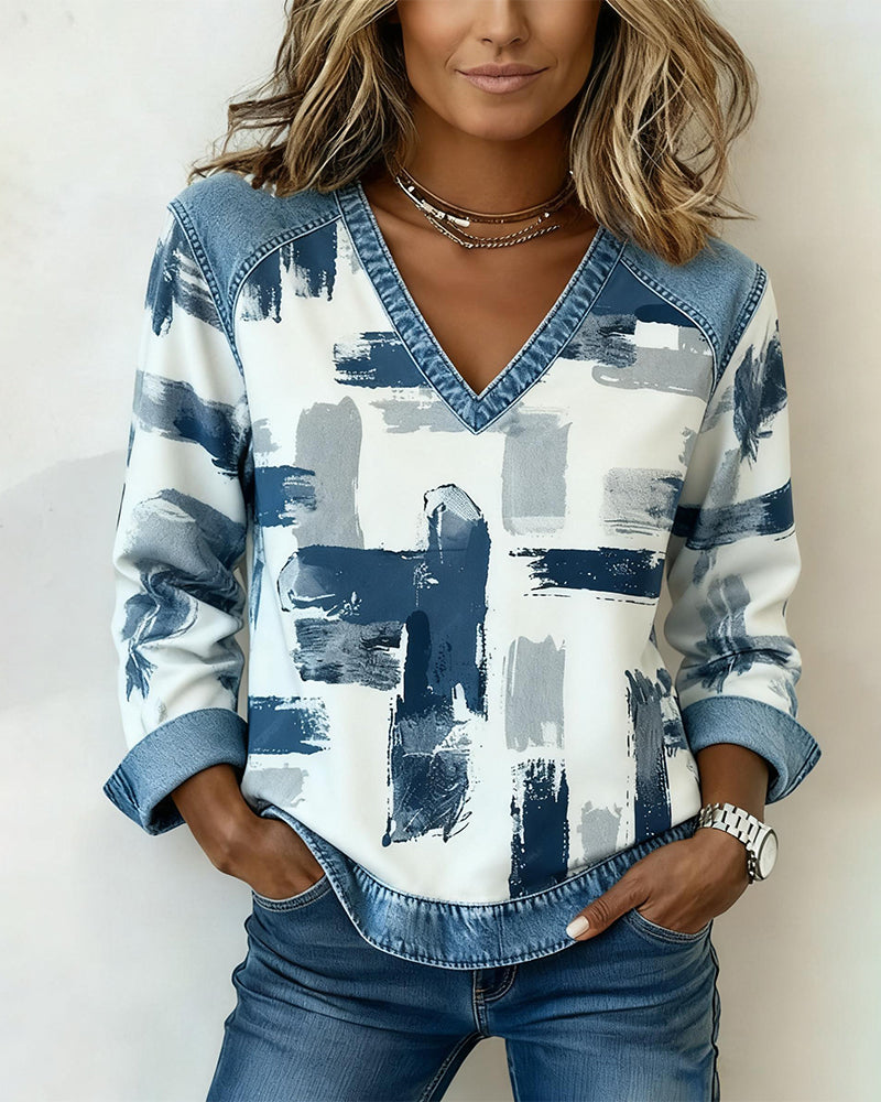 Langmouwige Sweatshirt Met Inkt Schilderij Print En Patchwork