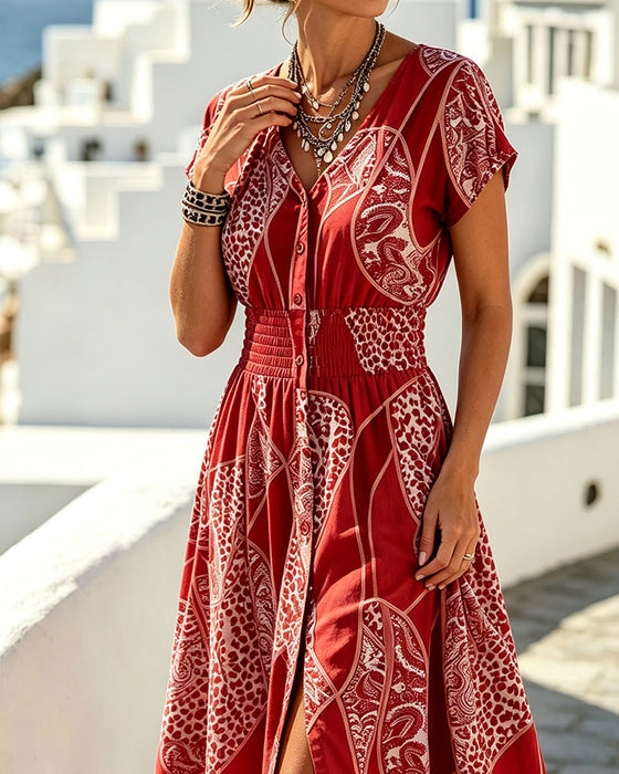 Jurk Luipaardprint V-Hals Knoop Taille