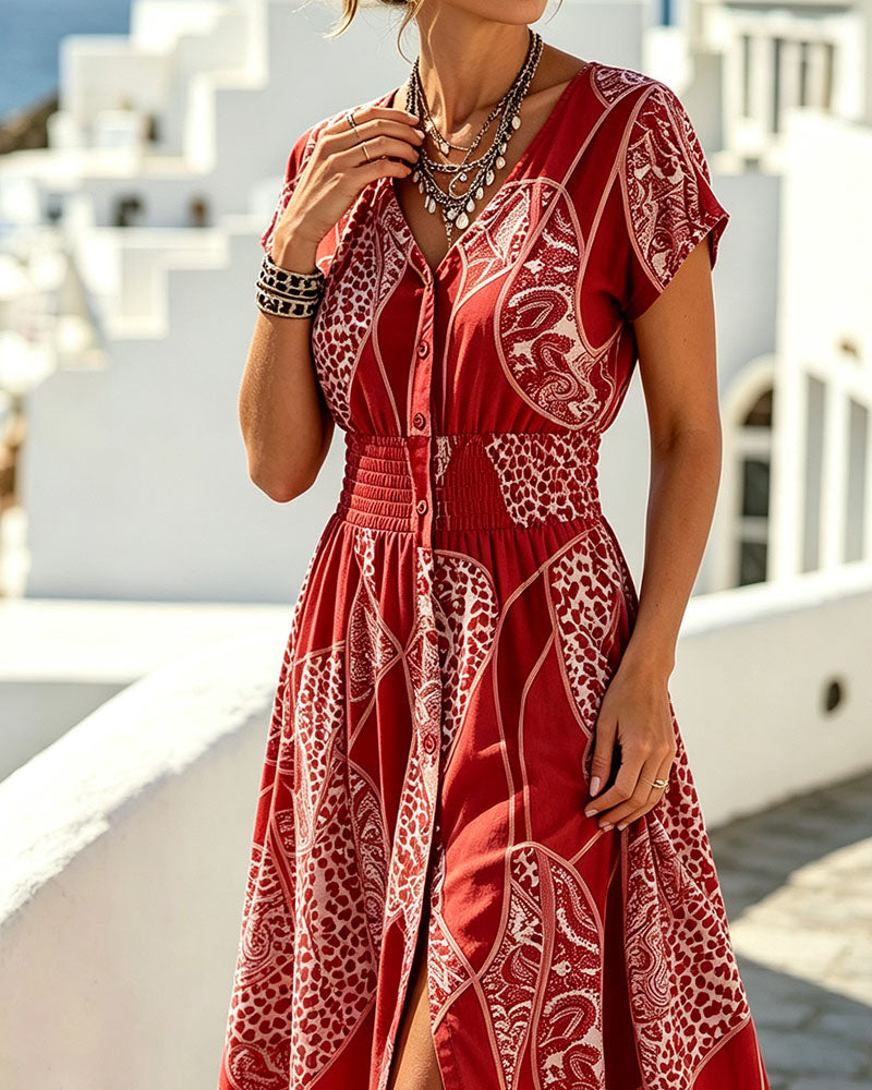 Jurk Luipaardprint V-Hals Knoop Taille