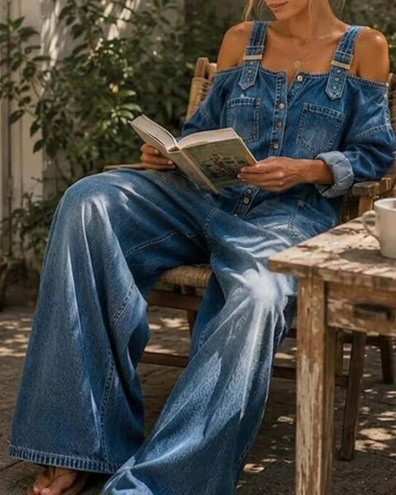 Jumpsuit Spaghettiband Koele Schouder Wijd Been Denim