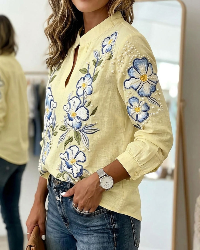 Blouse Mandarin Kraag Lange Mouw Bedrukt