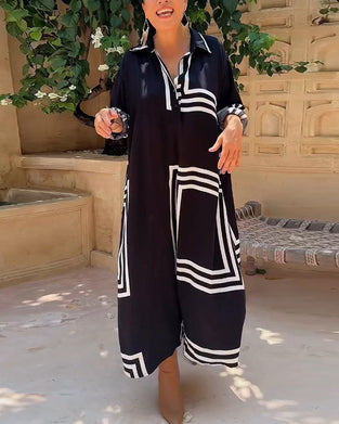 Rechthoekige vrijetijdsjurk met revers en print