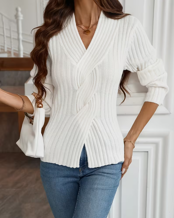 Pullover V-Hals Geribbeld Kruis Lange Mouwen