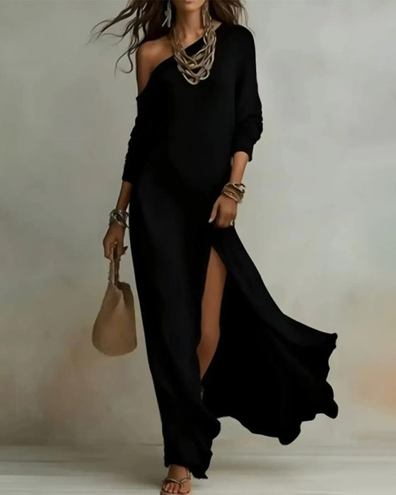 Jurken Off-Shoulder Korte Mouw Split Lang