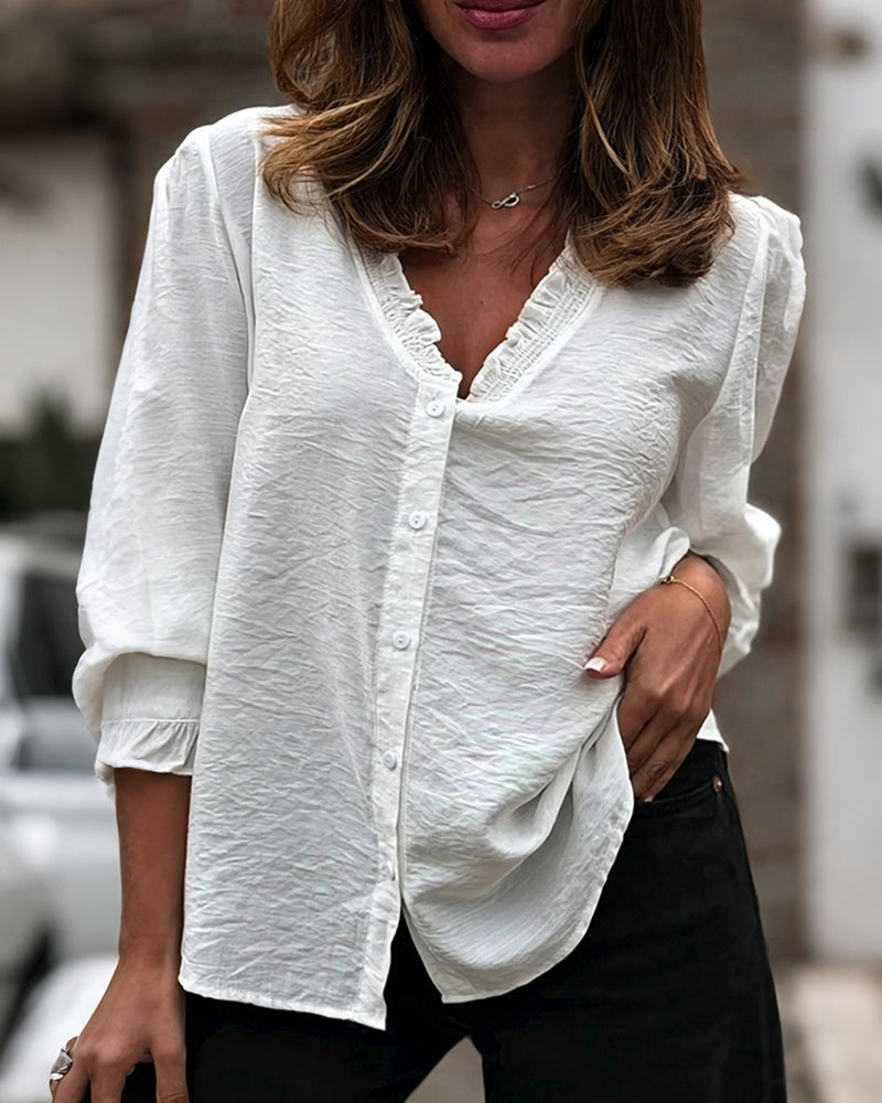 Blouse V-Hals Knoop Voor Ruffle Pofmouw