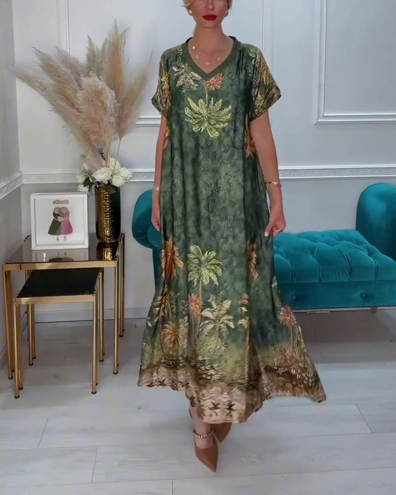 Jurk V-Hals Palmboom Print Korte Mouw Lang