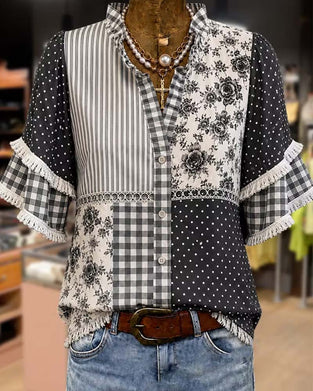 Blouse Mandarin Kraag Polka Dot Ruit