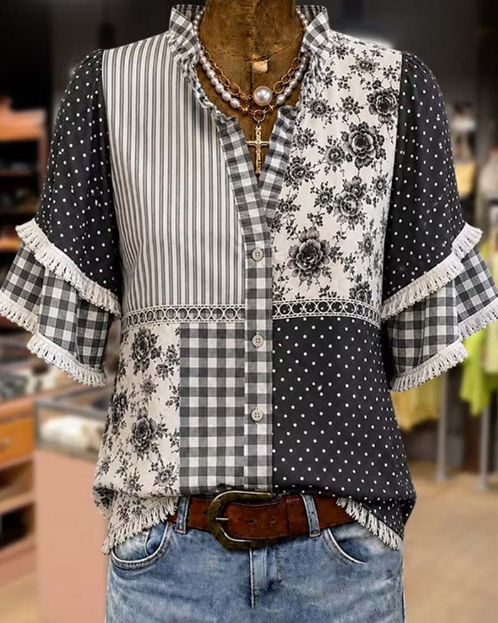 Blouse Mandarin Kraag Polka Dot Ruit
