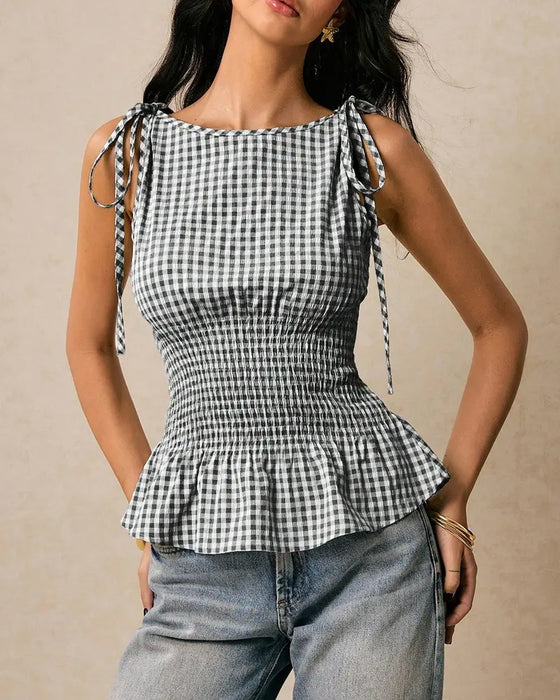 Blouse Mouwloos Ruitjes Binden Taille