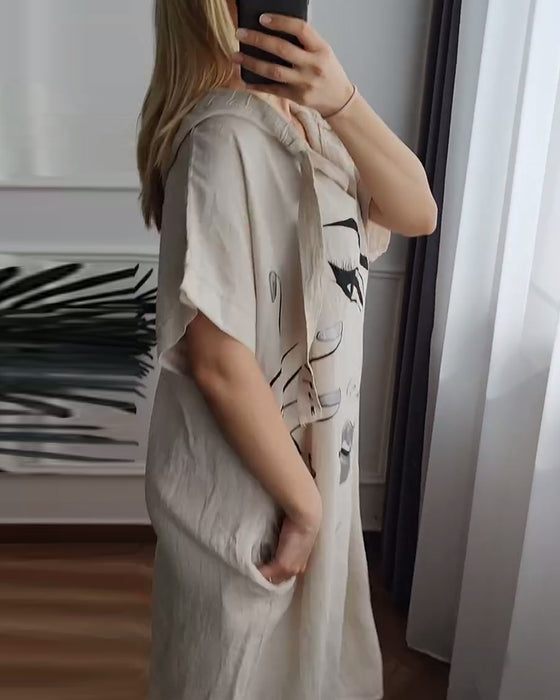 Jurk met Capuchon Bedrukt Losse Pasvorm