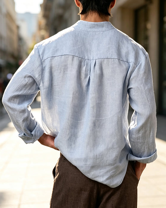 Herenoverhemd V-Hals Staande Kraag Lange Mouwen Casual