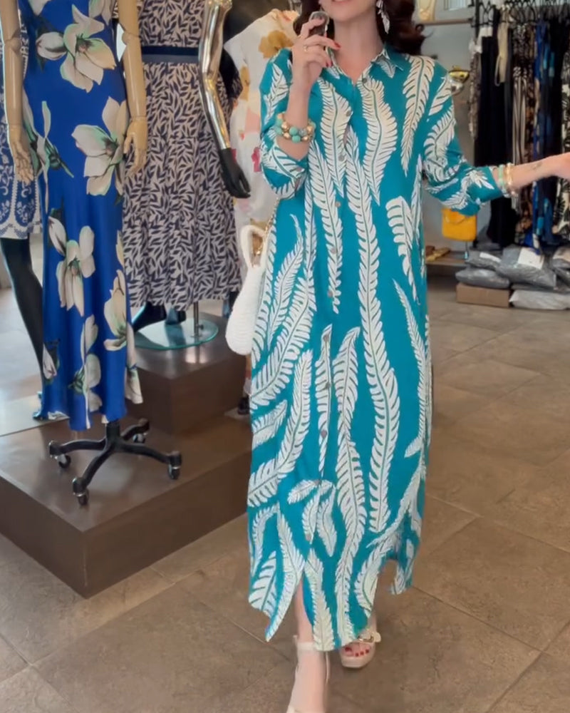 Jurk Gekraagd Blad Print Overhemd