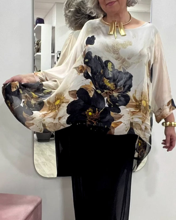 Blouse Lange Mouwen Ongelijk Grote Bloemenprint