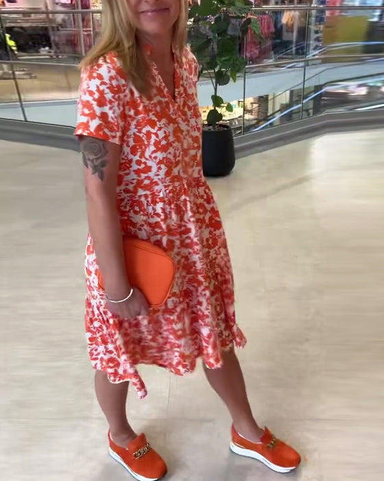 Korte Mouw Bloemen Midi Jurk