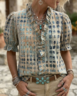Blouse Stip Gerimpelde Rand V-Hals