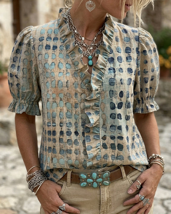 Blouse Stip Gerimpelde Rand V-Hals
