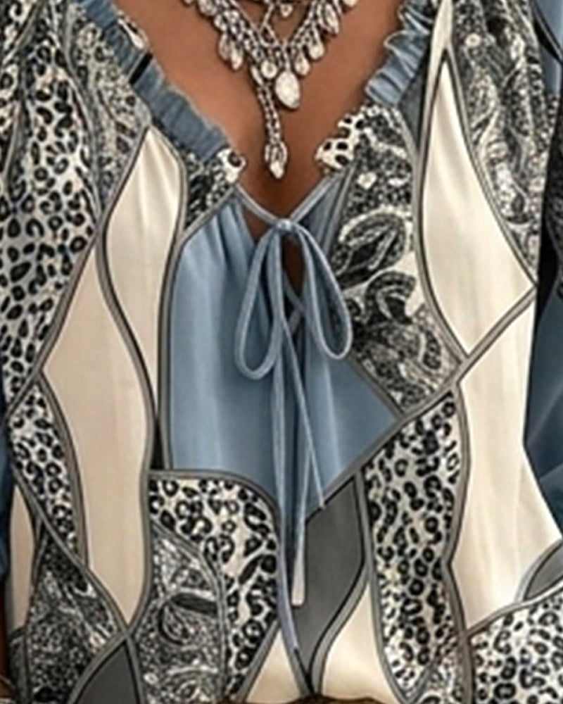Blouse V-Hals Luipaard Pofmouw Strik