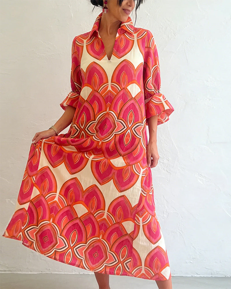 Jurk Elegant V-Hals Lange Mouw Bloemen