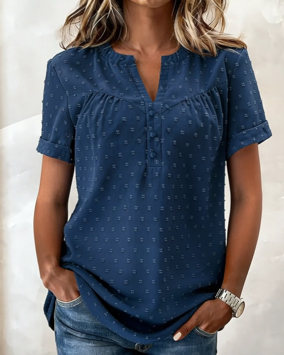 Blouse Jacquard V-Hals Half Sluiting Korte Mouw