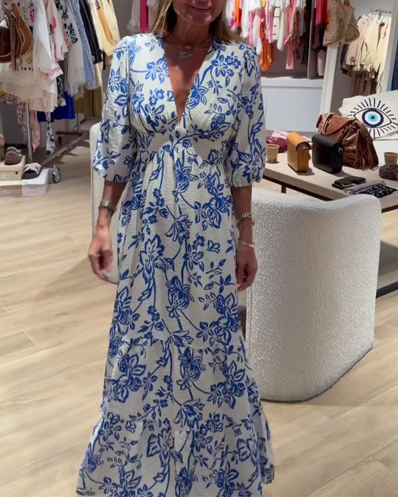 Jurk Diepe V-Hals Elegant Bloemig Lang