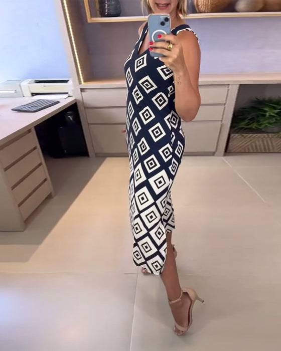 Jurk V-Hals Diamantprint Mouwloos