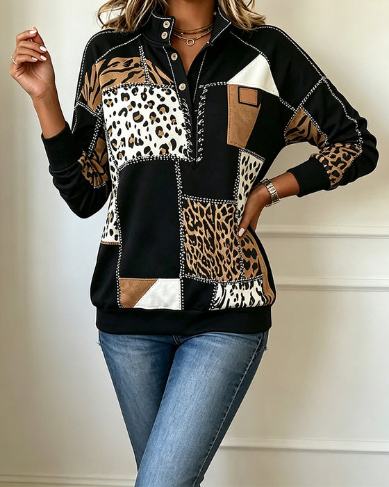 Sweatshirt Luipaard Patchwork Staande Kraag