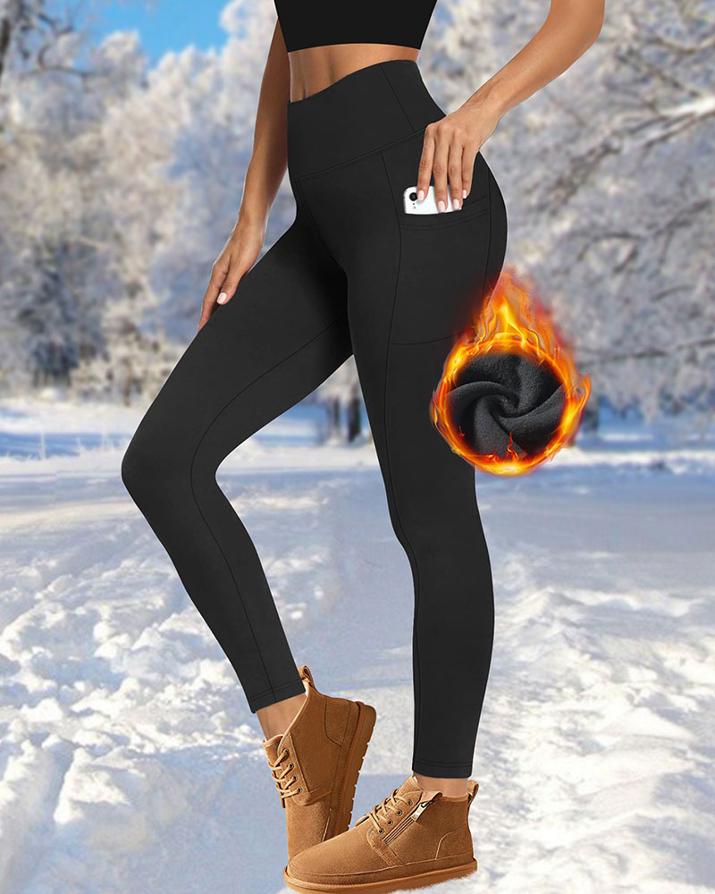 Dames Hoge Taille Fleece Gevoerde Leggings Met Zakken