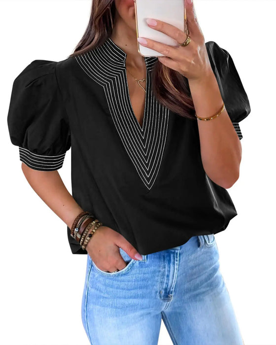 Blouse V-Hals Ballon Mouw Gestreept