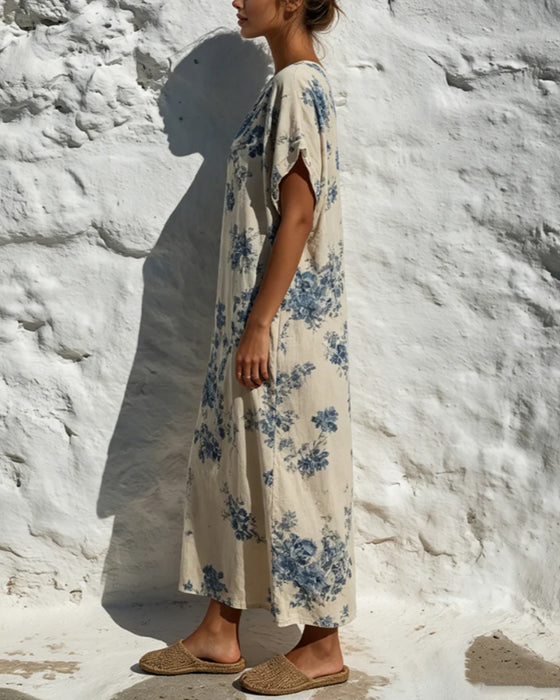 Jurk Ronde Hals Vintage Blauw Floral